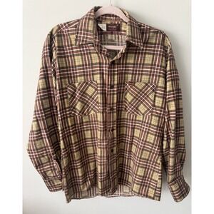 Vintage Made in The USA Plaid Shirt 50/50 Blend Tan Men's Medium Button Down